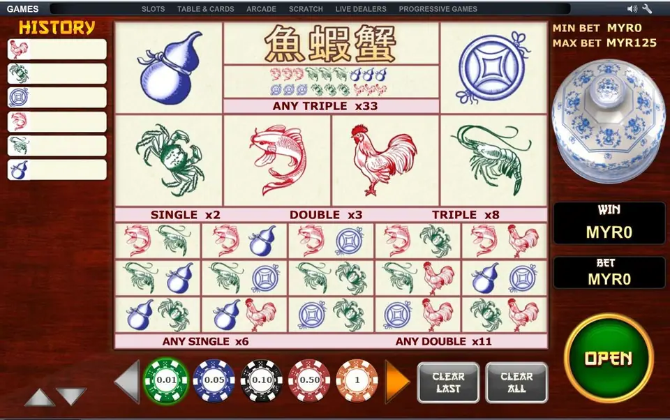 Fish Prawn Crab dice showing fish, prawn, crab, coin, gourd and rooster