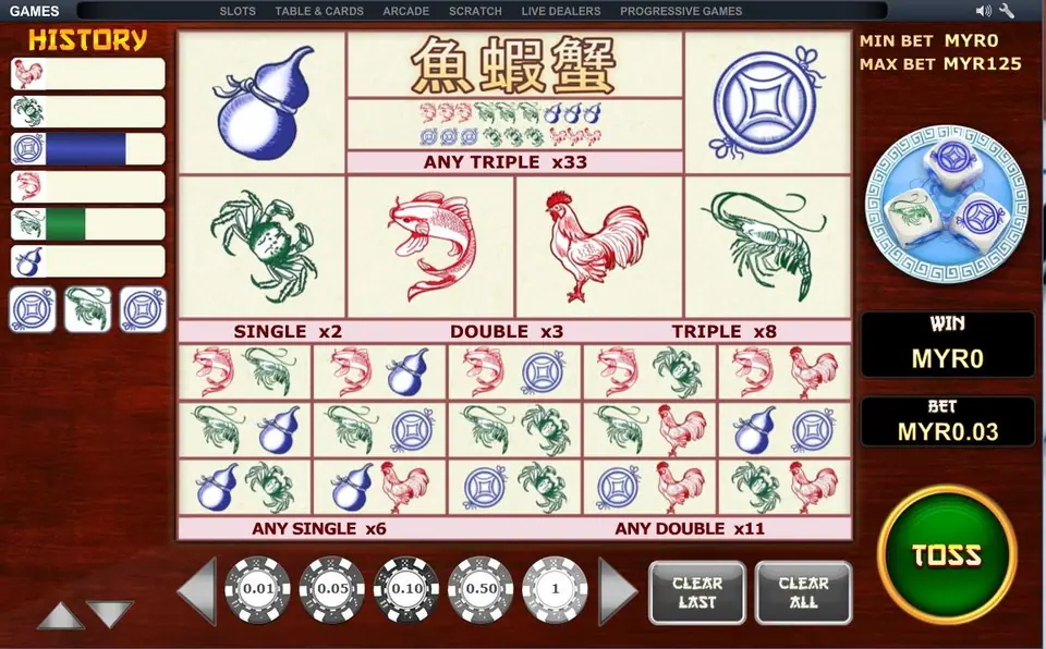 Fish Prawn Crab result with two dice showing the crab