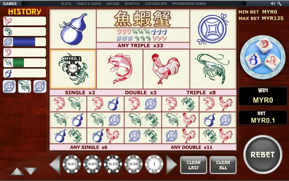 Fish Prawn Crab betting board with chips on several symbols