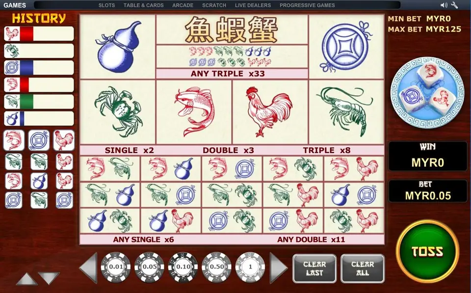 Fish Prawn Crab betting table on NTC33 with three picture dice