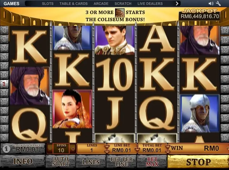 Coliseum Bonus scatter symbols landing on the Gladiator Jackpot reels