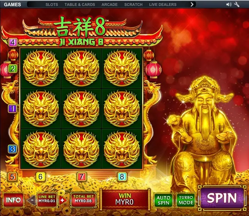 Ji Xiang 8 reels on a red screen with lanterns and a golden Buddha