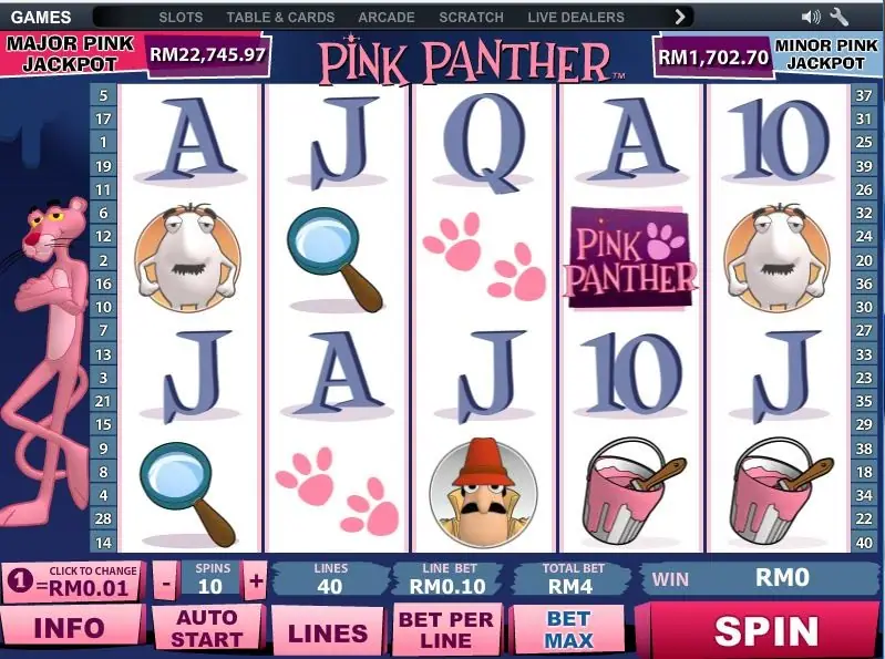 Pink Panther slot reels on NTC33 with the cartoon panther and Inspector Clouseau