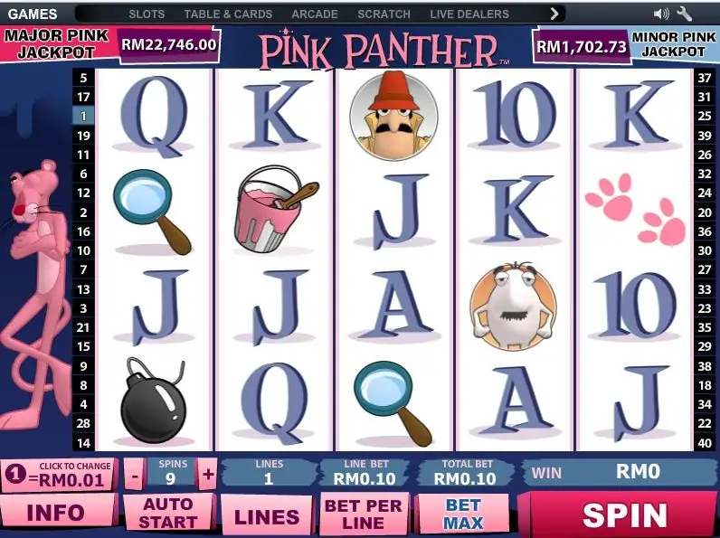 Pink Panther reels with card rank symbols in the lower rows