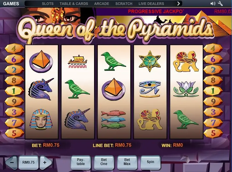 Queens Of Pyramid paytable screen with the Egyptian symbols