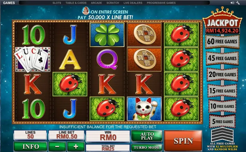 Streak Of Luck bet panel showing the fixed 50-line setting