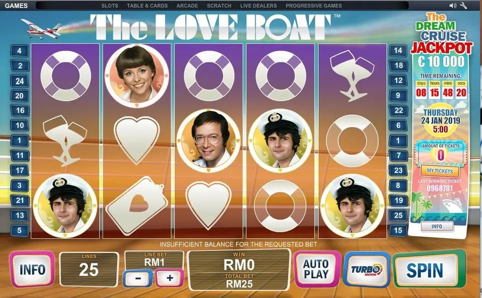 The Love Boat slot reels on NTC33 with Captain Stubing and the cruise crew