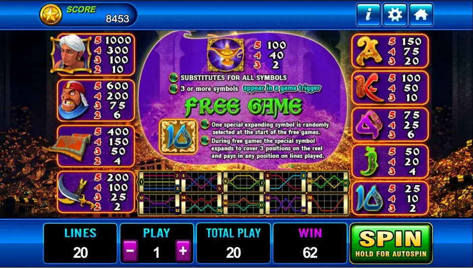 Aladdin line selection on Play8oy with the Select button below the reels