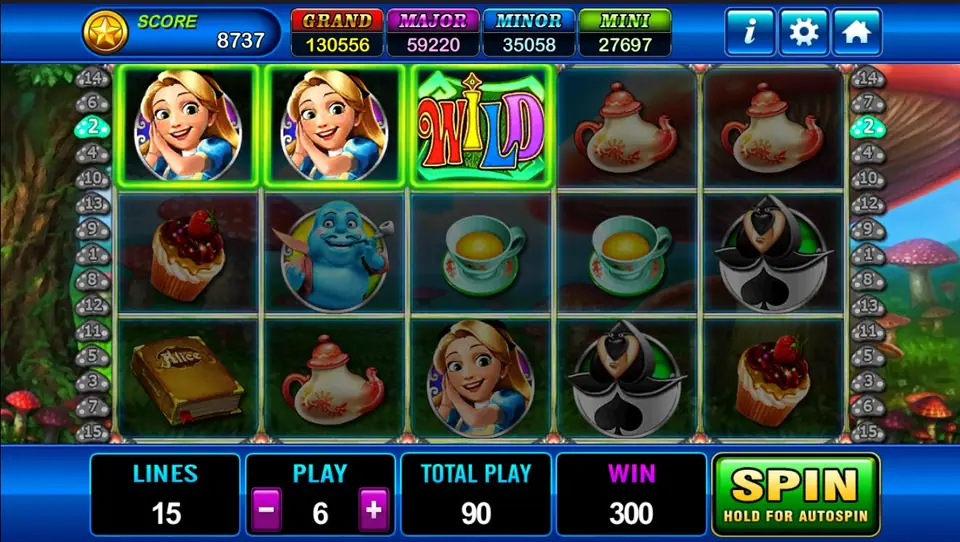 Alice reels on Play8oy with the Mad Hatter and Cheshire Cat symbols