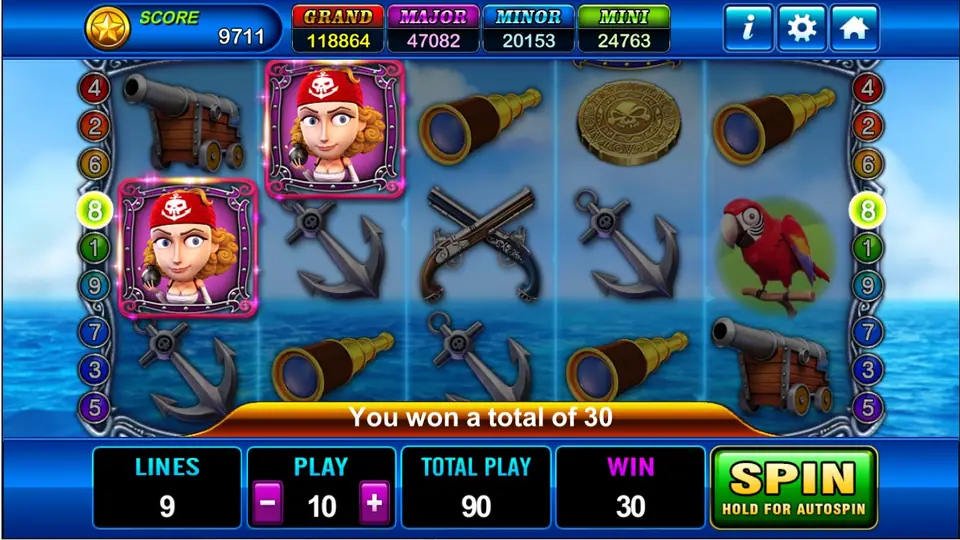 Captain Roger bet controls on Play8oy with lines, coins and coin value