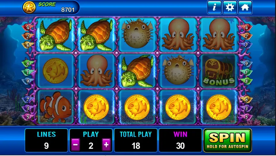 Dolphin control panel on Play8oy with the Bet per line arrow and spin button