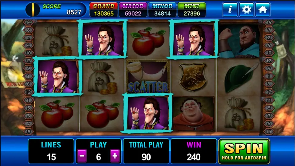 Robin Hood paytable on Play8oy with Little John and Friar Tuck at the top