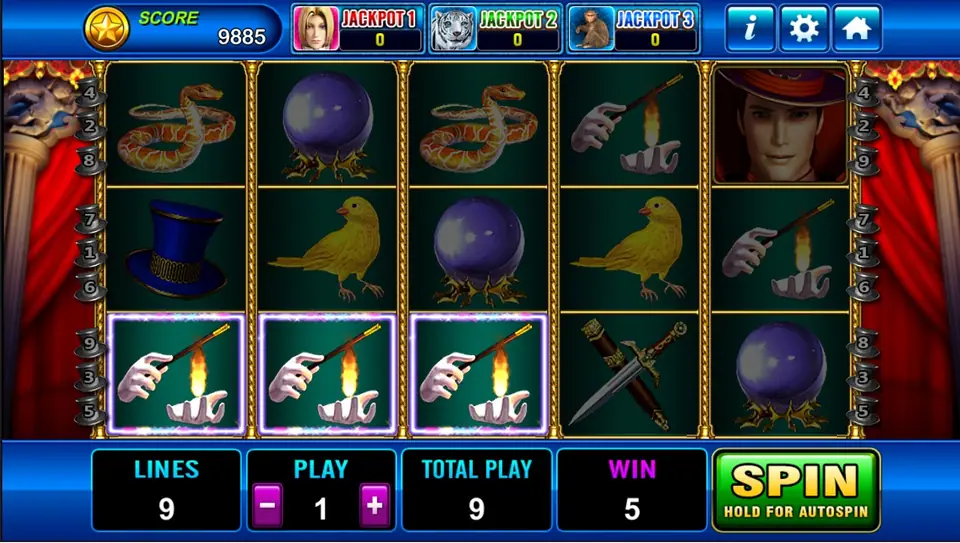 The Magician Plus reels on Play8oy showing five reels of four symbols