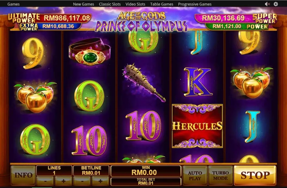 Four-jackpot selection screen in Prince of Olympus
