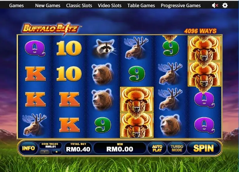 Buffalo Blitz spin controls and bet panel at the bottom of the screen