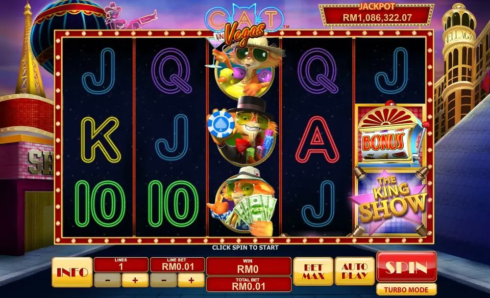Cat In Vegas reels with Felix the cat and Las Vegas themed symbols