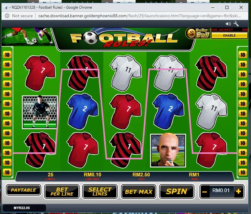 Football Rules game screen on Rollex11 with jersey symbols on the reels