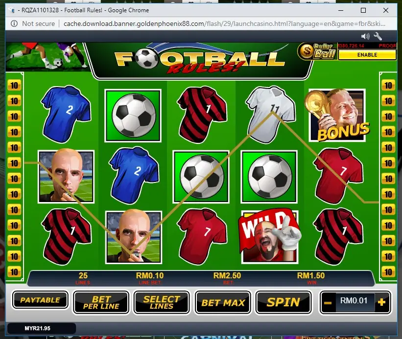 Football Rules paytable showing the five team jerseys and their coin values
