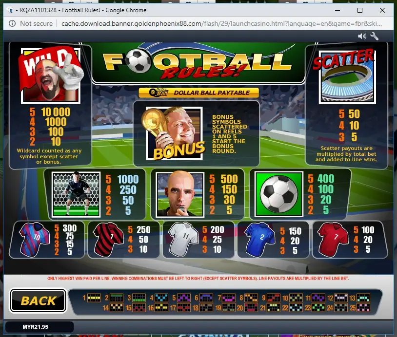 Football Rules bet settings with coin value and lines controls