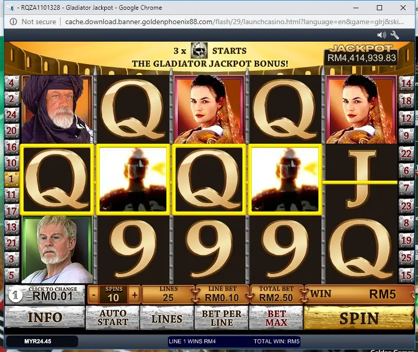 Gladiator Jackpot bonus game screen set in the Roman arena