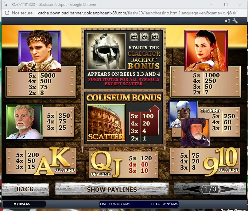Gladiator Jackpot options panel with wager controls under the reels