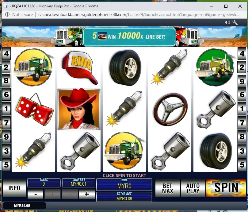 Checkered flag bonus symbols on reels one and five in Highway Kings Pro