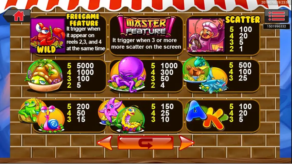 Free game symbols landing on reels 2, 3 and 4 in Master Chef