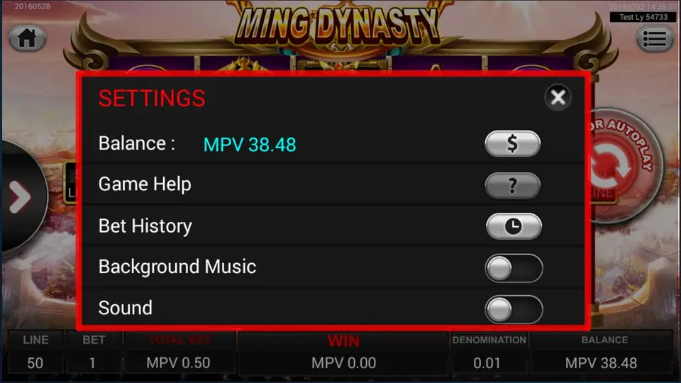 Ming Dynasty paytable screen listing symbol values