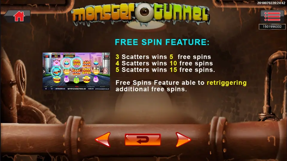 Monster Tunnel paytable listing symbol values and free game rules