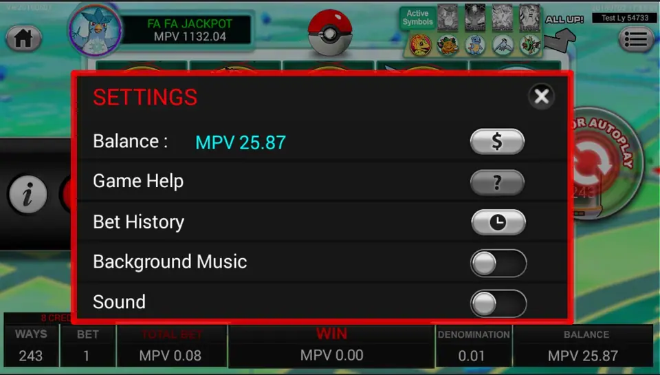 Pocketmon GO bird and dinosaur symbols in a winning line