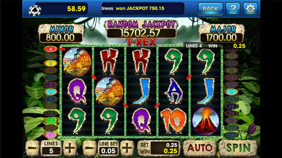 T-Rex slot on 3Win8 with a Tyrannosaurus Rex over jungle reels